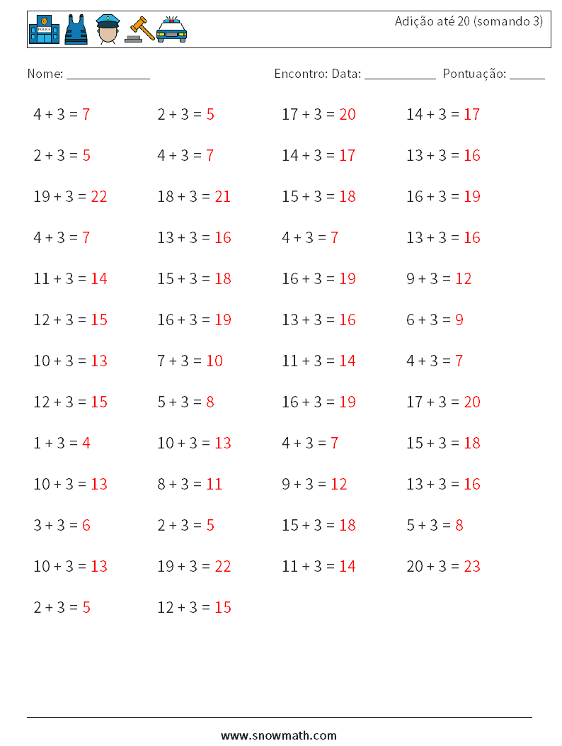 (50) Adição até 20 (somando 3) planilhas matemáticas 8 Pergunta, Resposta