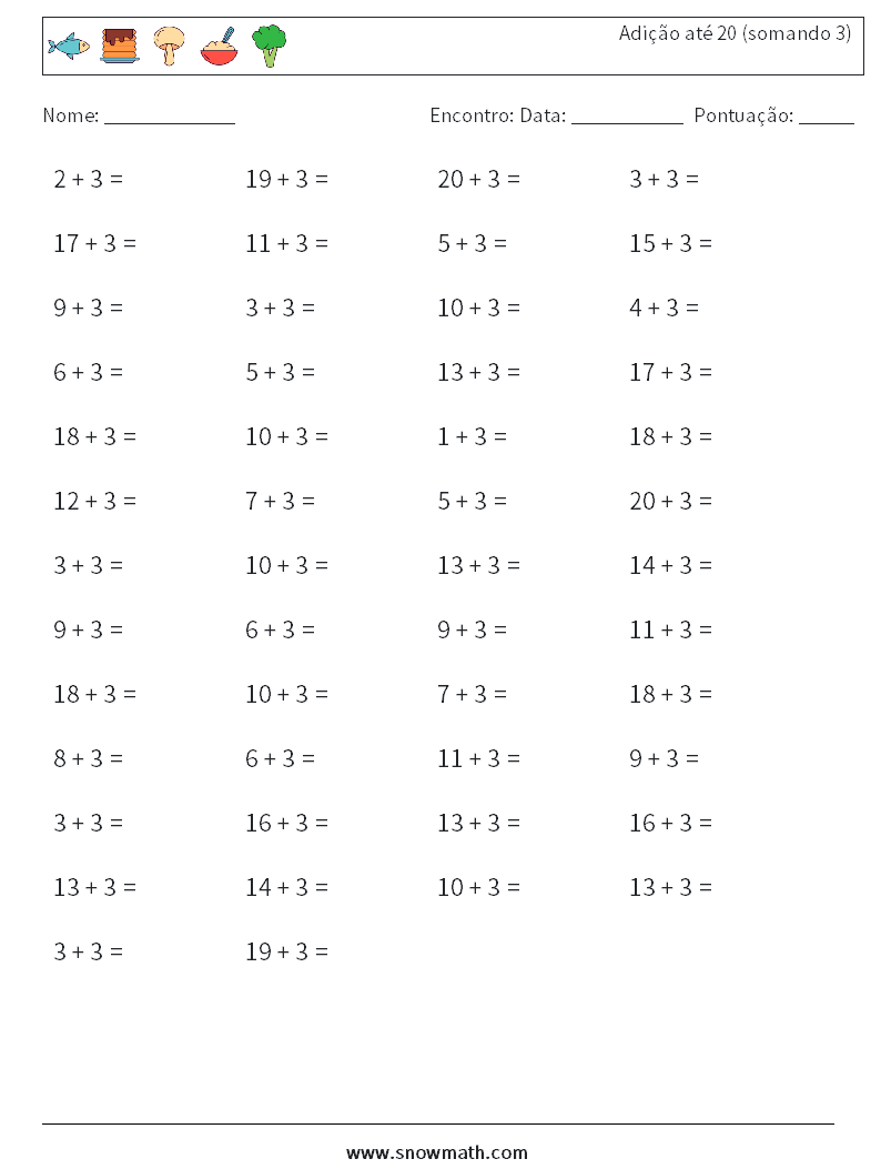 (50) Adição até 20 (somando 3) planilhas matemáticas 9