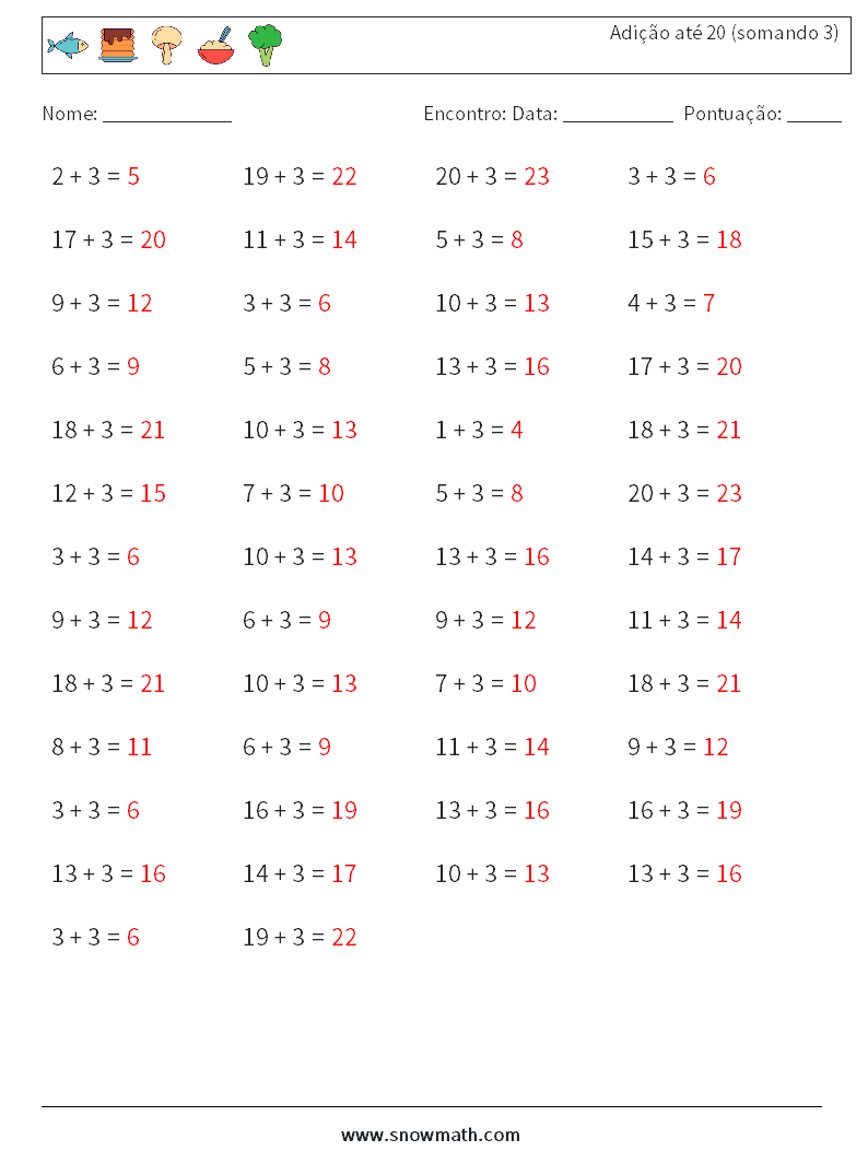 (50) Adição até 20 (somando 3) planilhas matemáticas 9 Pergunta, Resposta