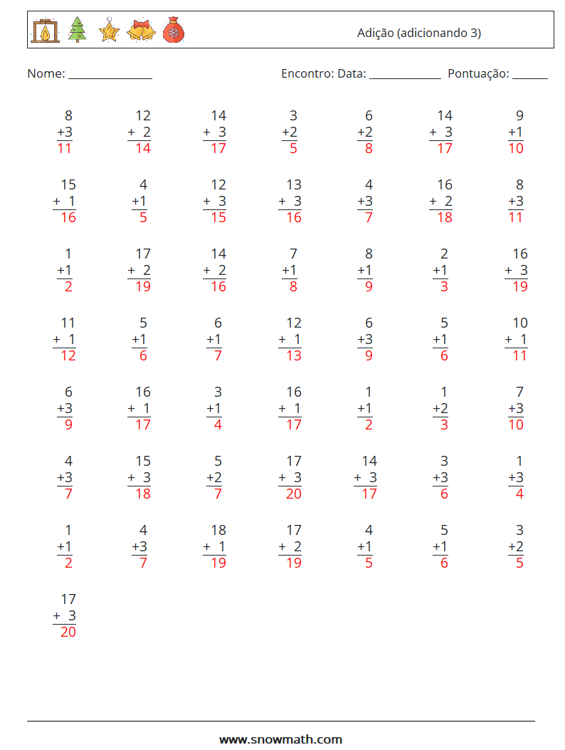 (50) Adição (adicionando 3) planilhas matemáticas 15 Pergunta, Resposta