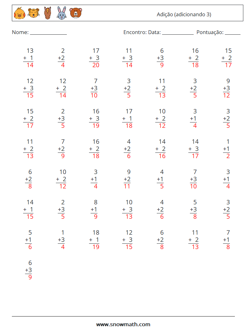 (50) Adição (adicionando 3) planilhas matemáticas 16 Pergunta, Resposta