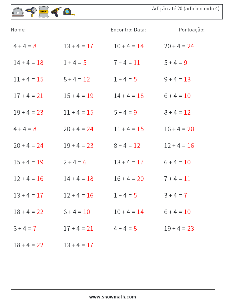 (50) Adição até 20 (adicionando 4) planilhas matemáticas 1 Pergunta, Resposta