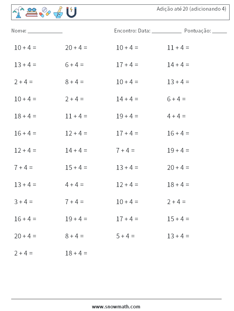 (50) Adição até 20 (adicionando 4) planilhas matemáticas 3