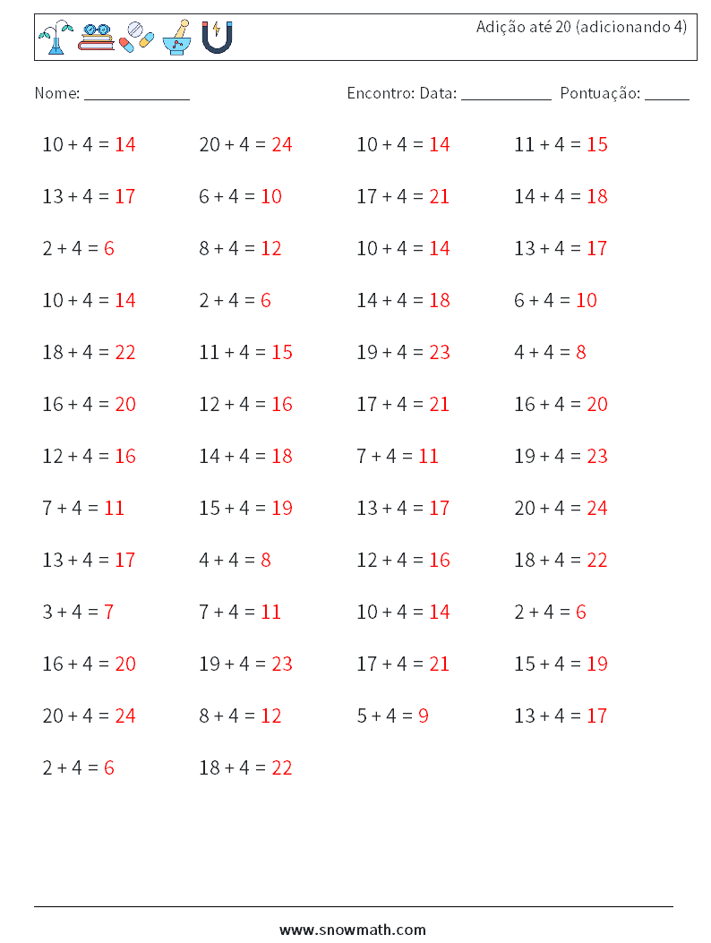 (50) Adição até 20 (adicionando 4) planilhas matemáticas 3 Pergunta, Resposta