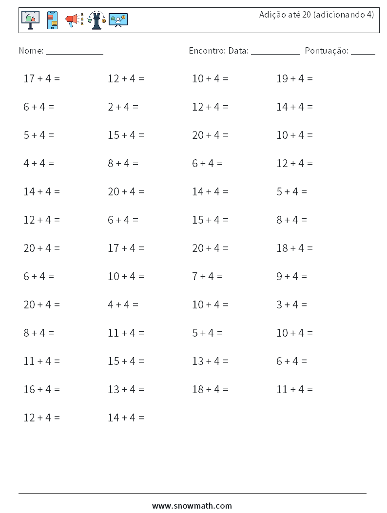 (50) Adição até 20 (adicionando 4) planilhas matemáticas 5