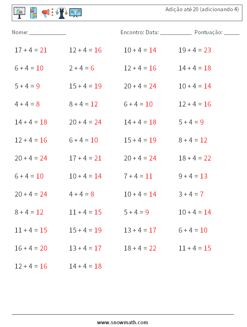 (50) Adição até 20 (adicionando 4) planilhas matemáticas 5 Pergunta, Resposta