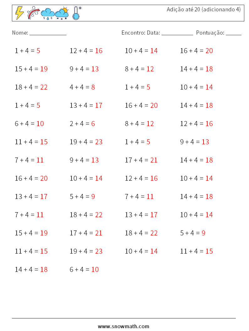 (50) Adição até 20 (adicionando 4) planilhas matemáticas 7 Pergunta, Resposta