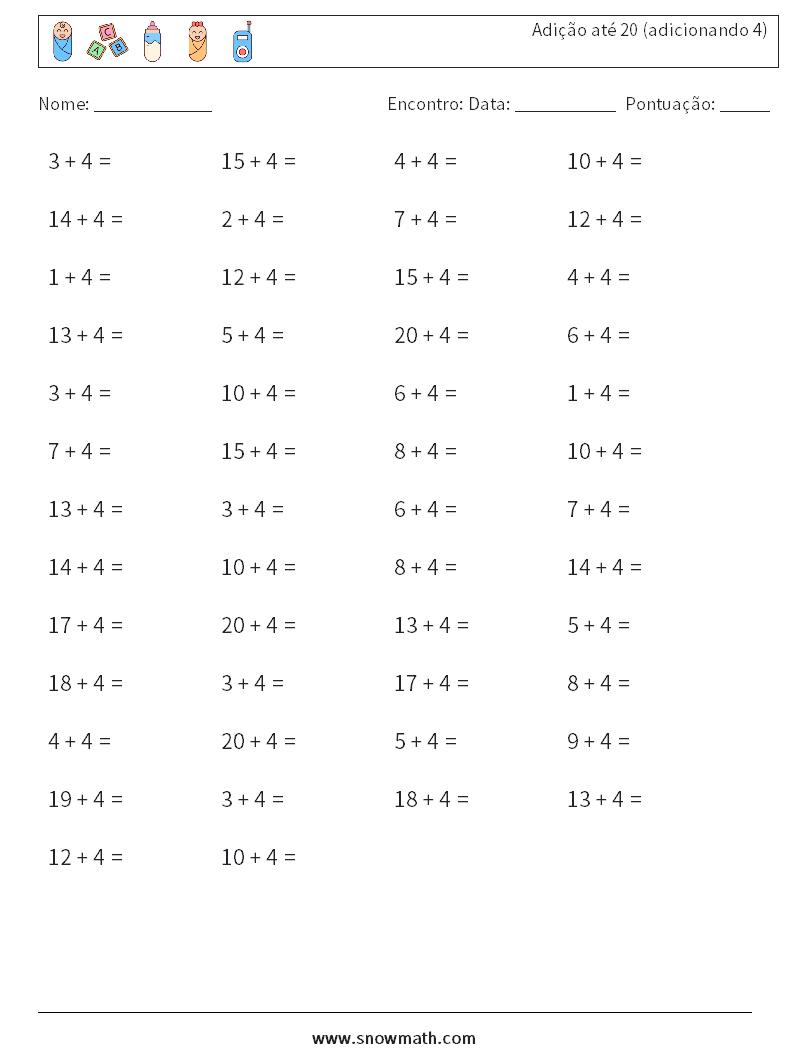 (50) Adição até 20 (adicionando 4) planilhas matemáticas 8