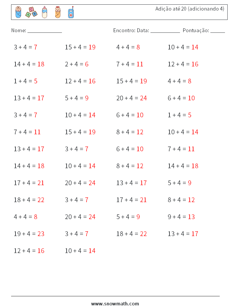 (50) Adição até 20 (adicionando 4) planilhas matemáticas 8 Pergunta, Resposta