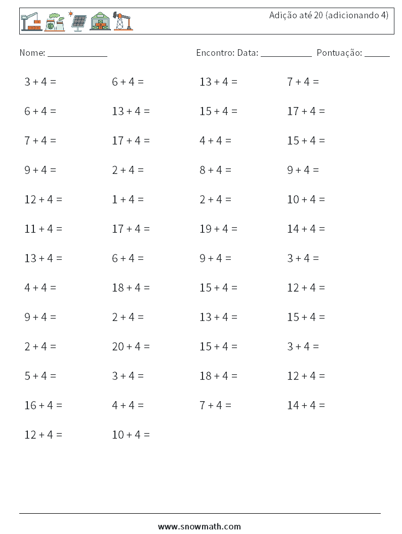 (50) Adição até 20 (adicionando 4) planilhas matemáticas 9