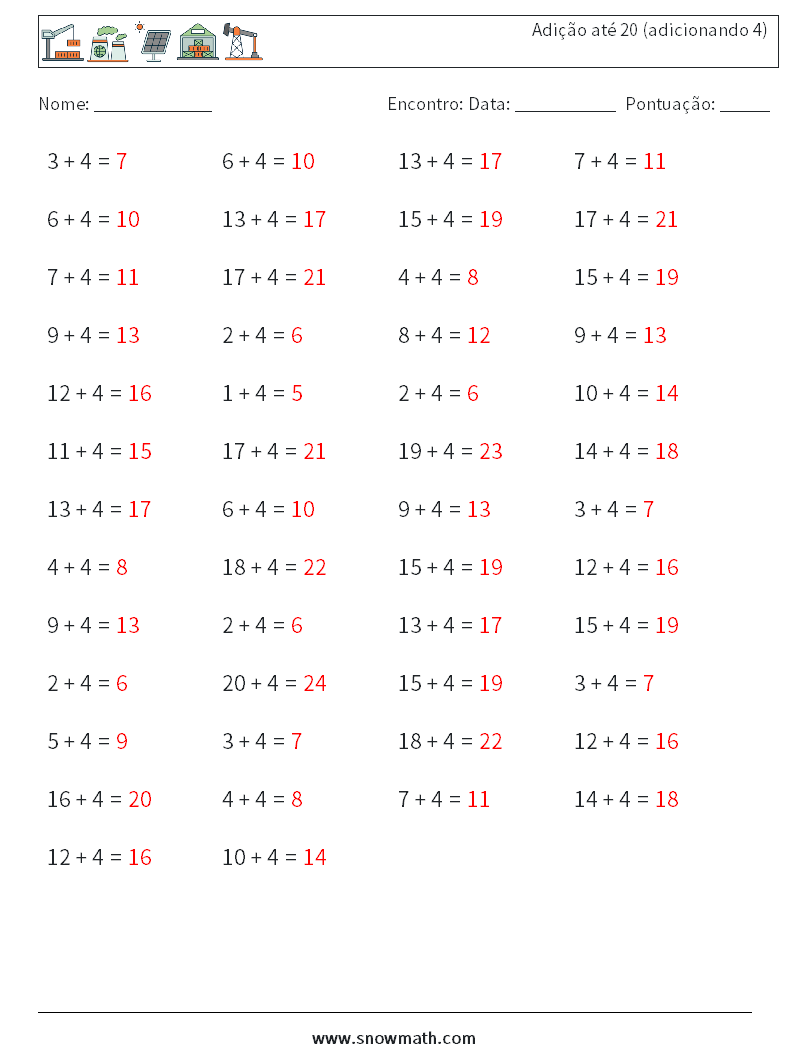 (50) Adição até 20 (adicionando 4) planilhas matemáticas 9 Pergunta, Resposta
