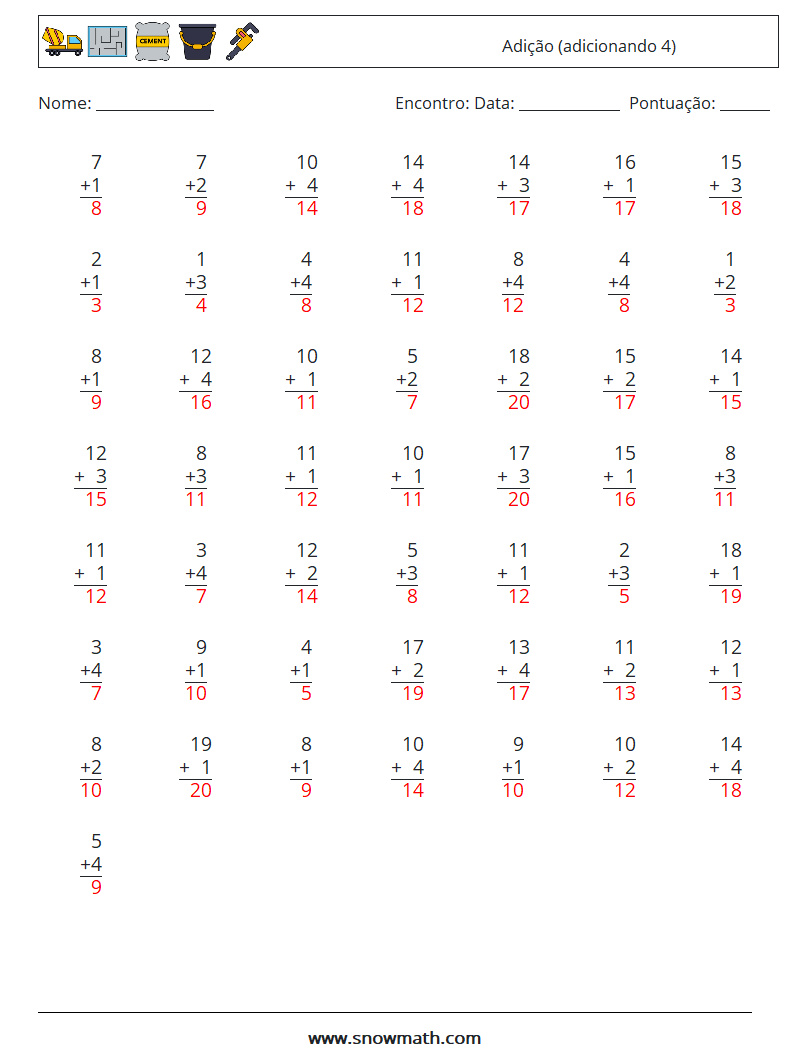 (50) Adição (adicionando 4) planilhas matemáticas 11 Pergunta, Resposta