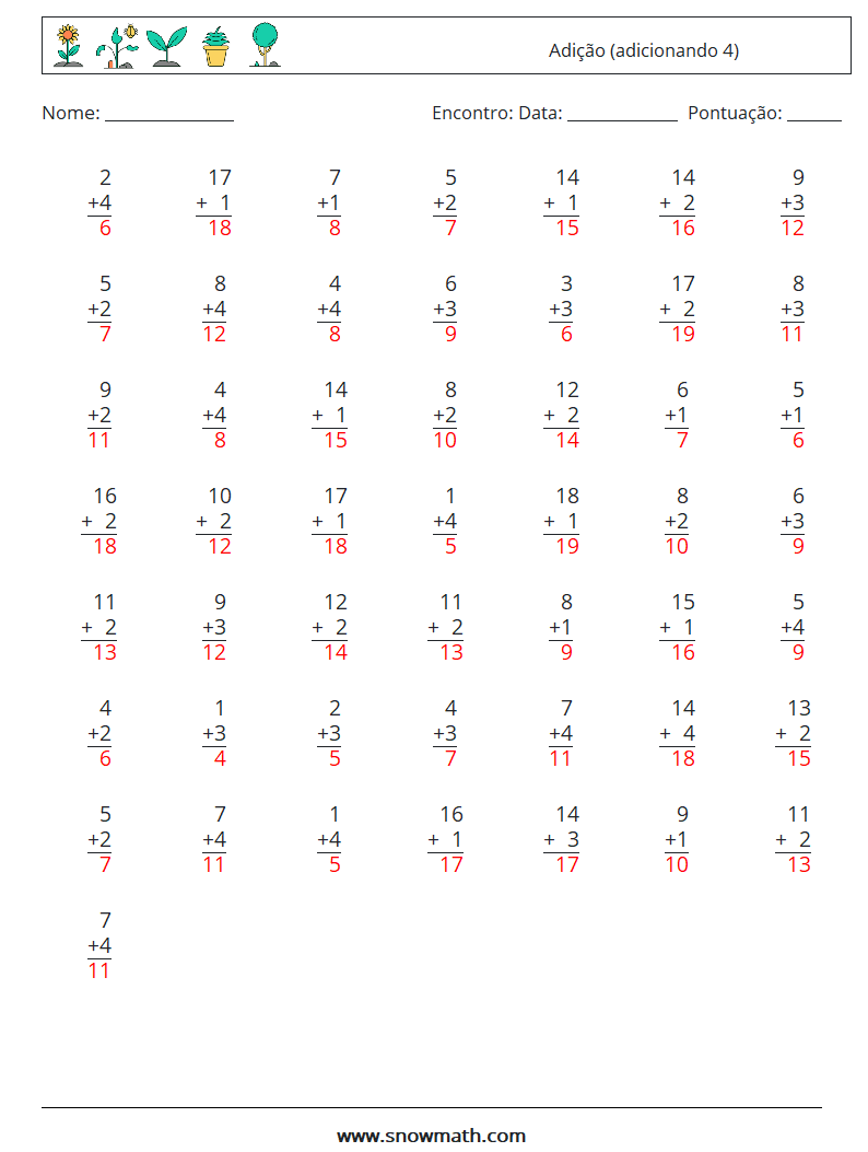 (50) Adição (adicionando 4) planilhas matemáticas 12 Pergunta, Resposta