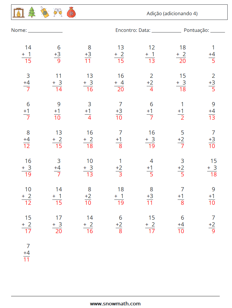 (50) Adição (adicionando 4) planilhas matemáticas 15 Pergunta, Resposta