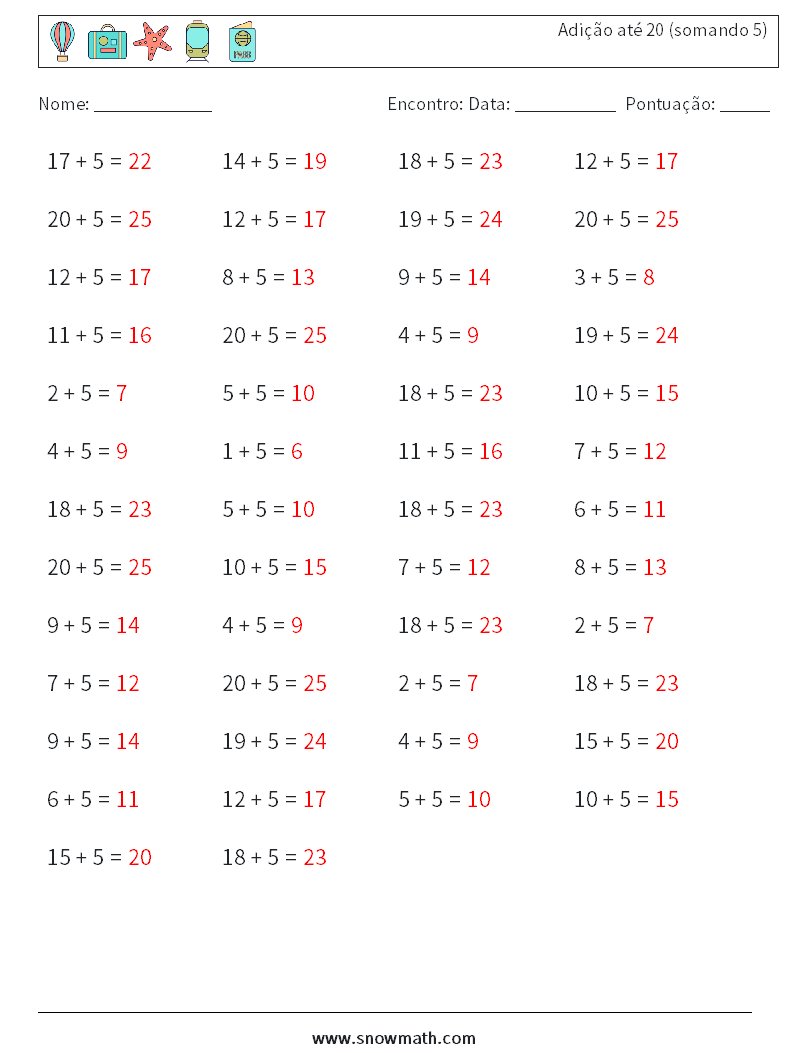 (50) Adição até 20 (somando 5) planilhas matemáticas 1 Pergunta, Resposta