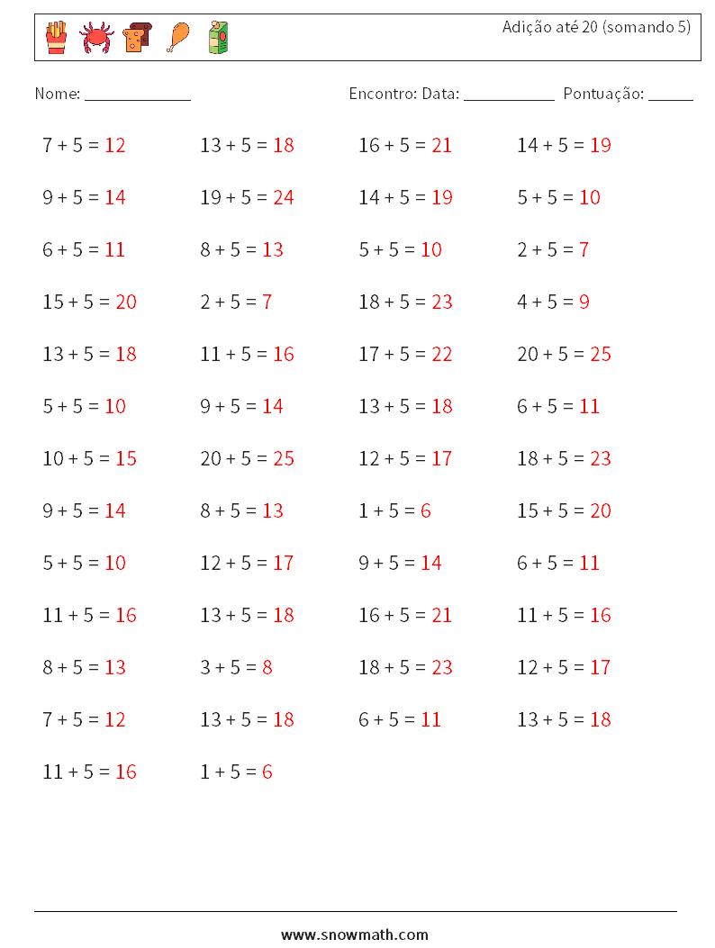(50) Adição até 20 (somando 5) planilhas matemáticas 2 Pergunta, Resposta