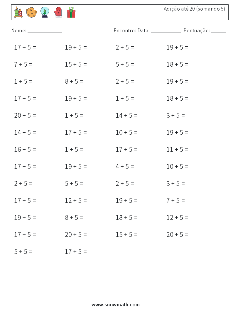 (50) Adição até 20 (somando 5) planilhas matemáticas 3