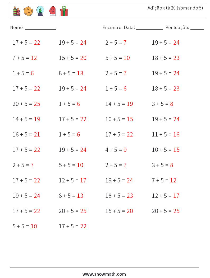 (50) Adição até 20 (somando 5) planilhas matemáticas 3 Pergunta, Resposta