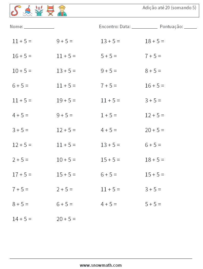 (50) Adição até 20 (somando 5) planilhas matemáticas 4