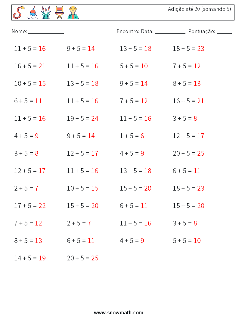 (50) Adição até 20 (somando 5) planilhas matemáticas 4 Pergunta, Resposta