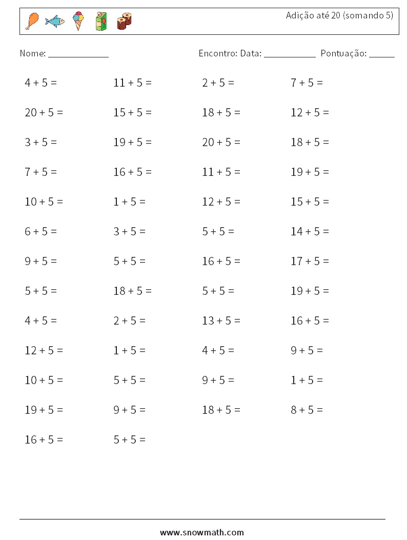 (50) Adição até 20 (somando 5) planilhas matemáticas 5
