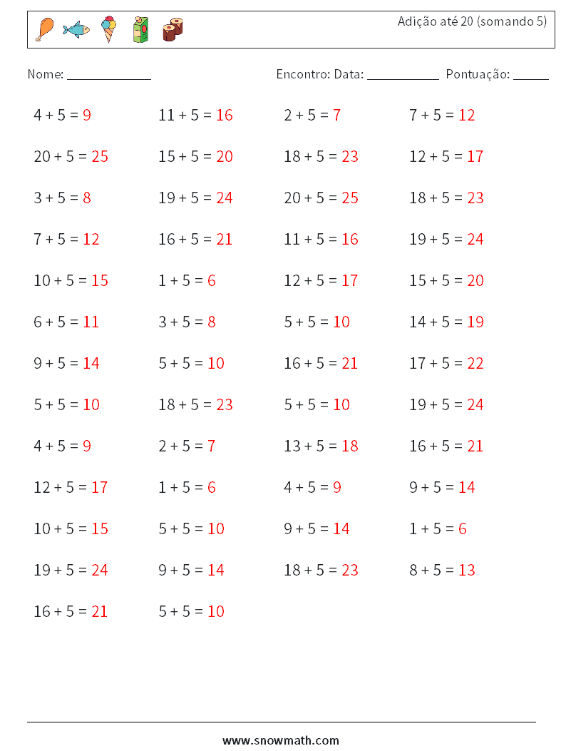 (50) Adição até 20 (somando 5) planilhas matemáticas 5 Pergunta, Resposta
