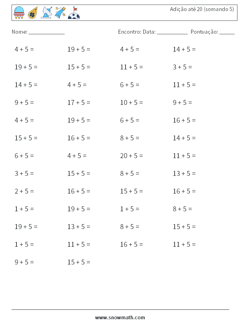 (50) Adição até 20 (somando 5) planilhas matemáticas 6
