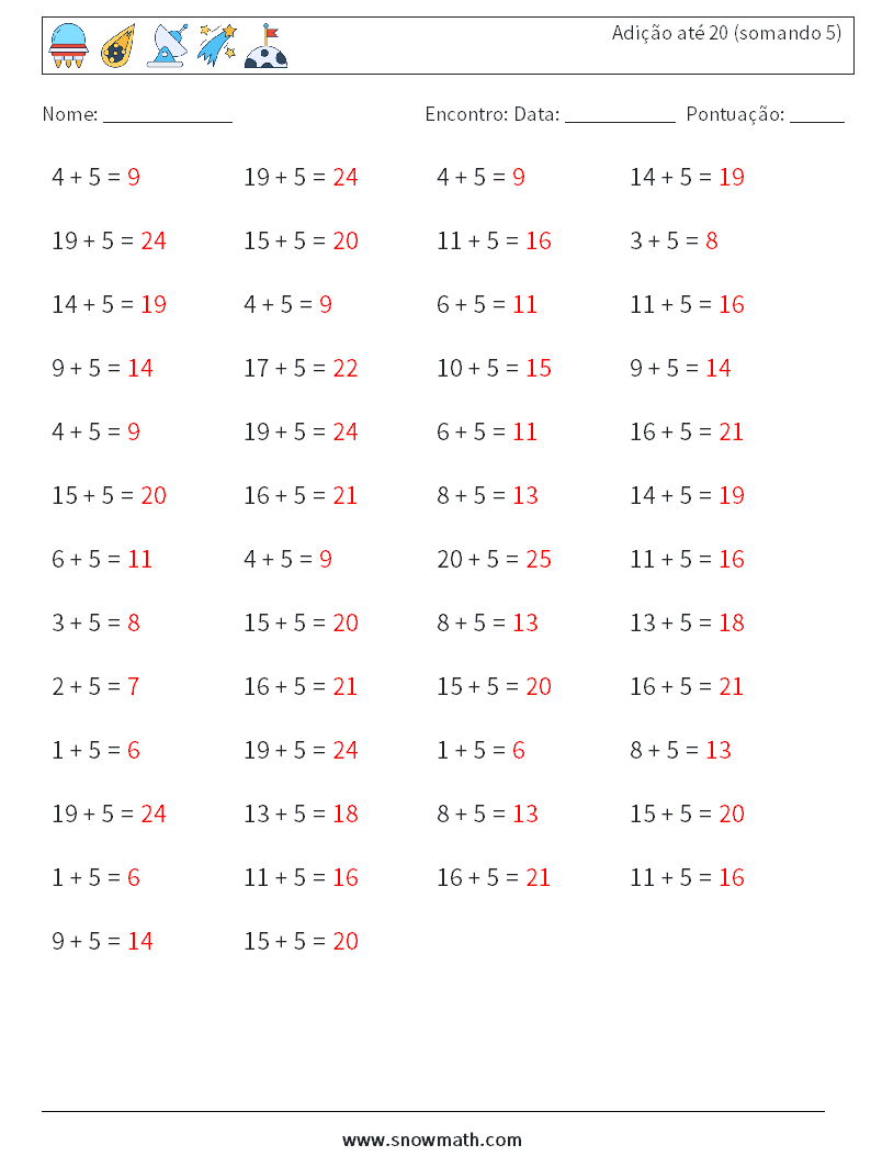 (50) Adição até 20 (somando 5) planilhas matemáticas 6 Pergunta, Resposta