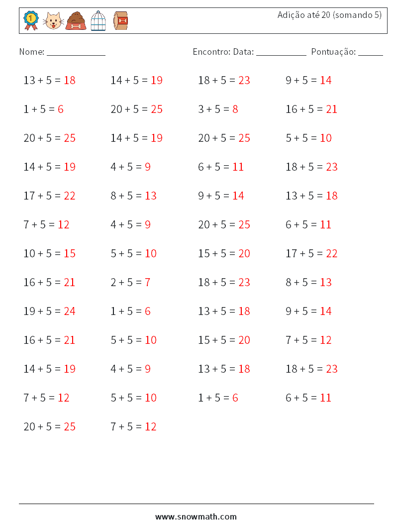 (50) Adição até 20 (somando 5) planilhas matemáticas 7 Pergunta, Resposta