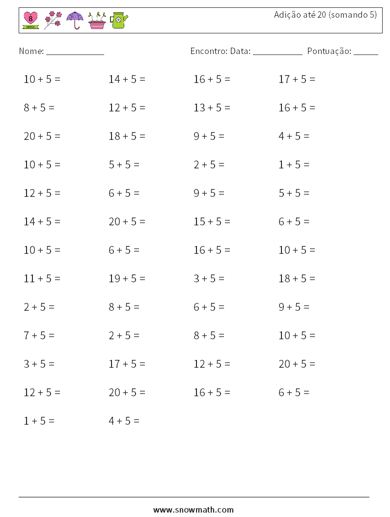 (50) Adição até 20 (somando 5) planilhas matemáticas 8