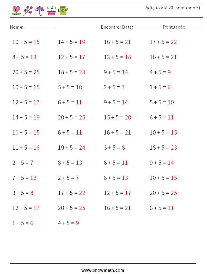 (50) Adição até 20 (somando 5) planilhas matemáticas 8 Pergunta, Resposta
