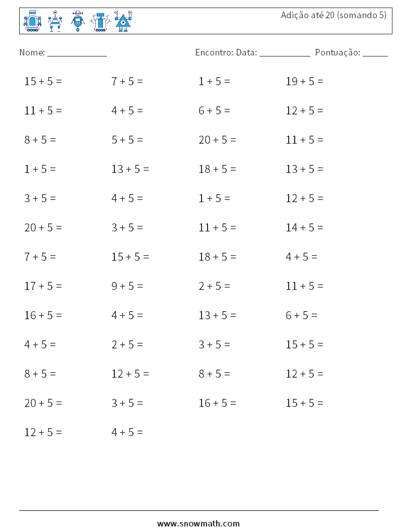 (50) Adição até 20 (somando 5) planilhas matemáticas 9