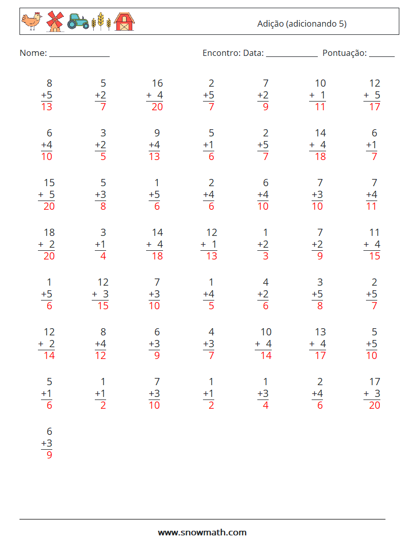 (50) Adição (adicionando 5) planilhas matemáticas 14 Pergunta, Resposta