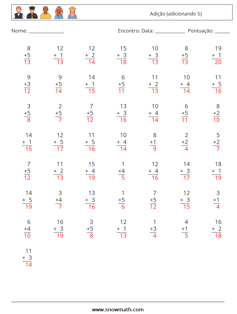 (50) Adição (adicionando 5) planilhas matemáticas 15 Pergunta, Resposta