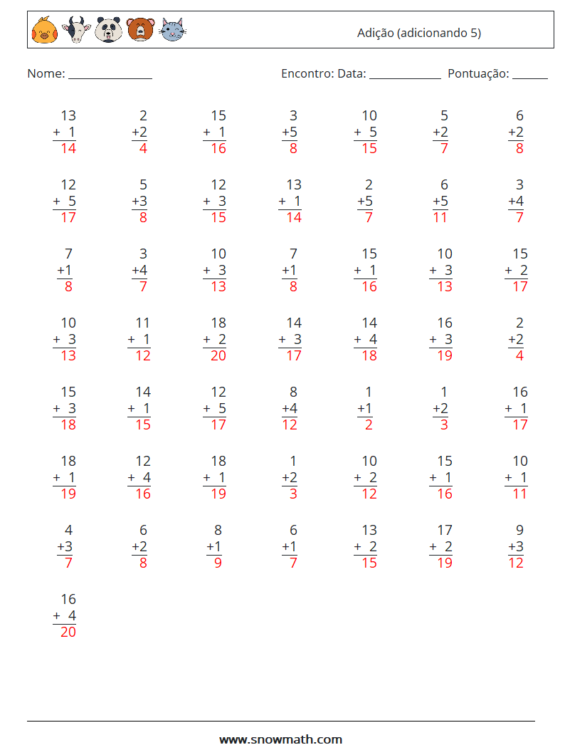 (50) Adição (adicionando 5) planilhas matemáticas 16 Pergunta, Resposta