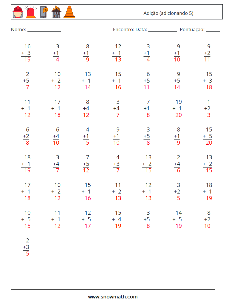 (50) Adição (adicionando 5) planilhas matemáticas 17 Pergunta, Resposta