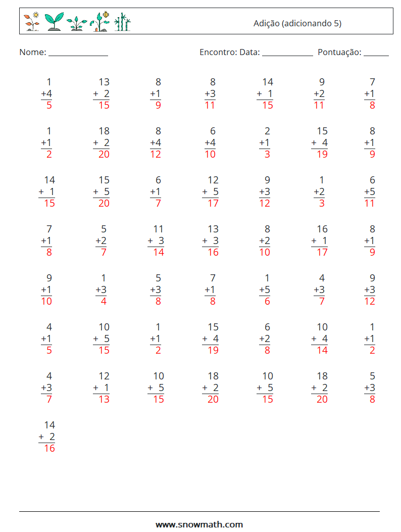 (50) Adição (adicionando 5) planilhas matemáticas 18 Pergunta, Resposta