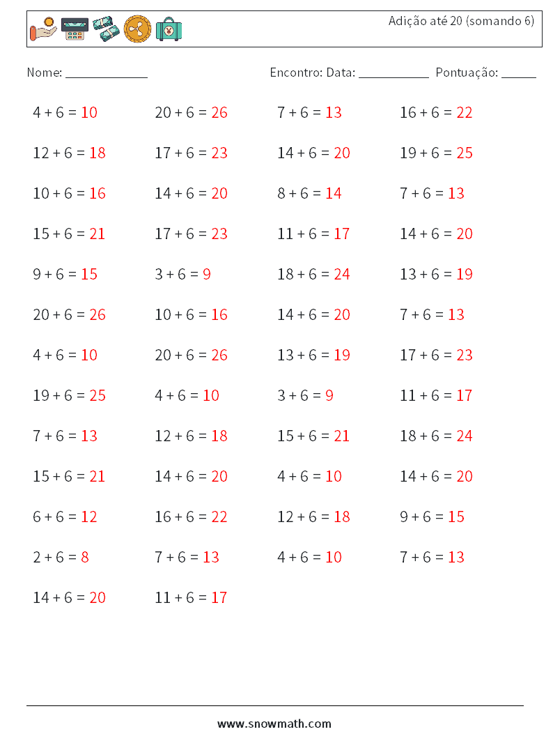 (50) Adição até 20 (somando 6) planilhas matemáticas 1 Pergunta, Resposta