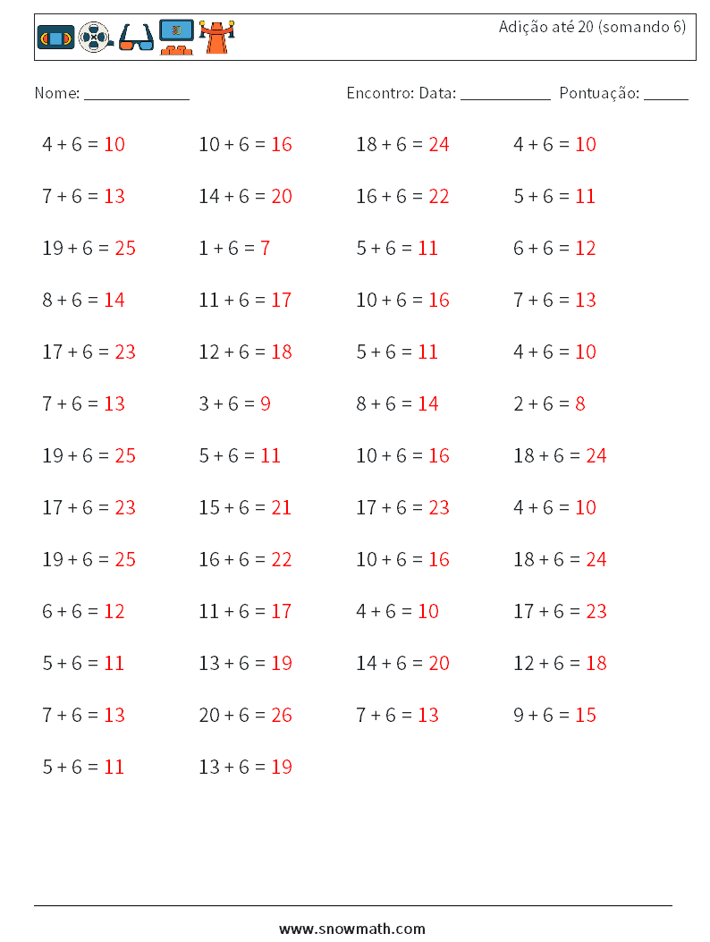 (50) Adição até 20 (somando 6) planilhas matemáticas 2 Pergunta, Resposta