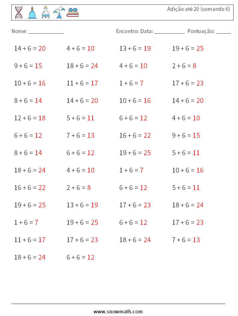 (50) Adição até 20 (somando 6) planilhas matemáticas 3 Pergunta, Resposta