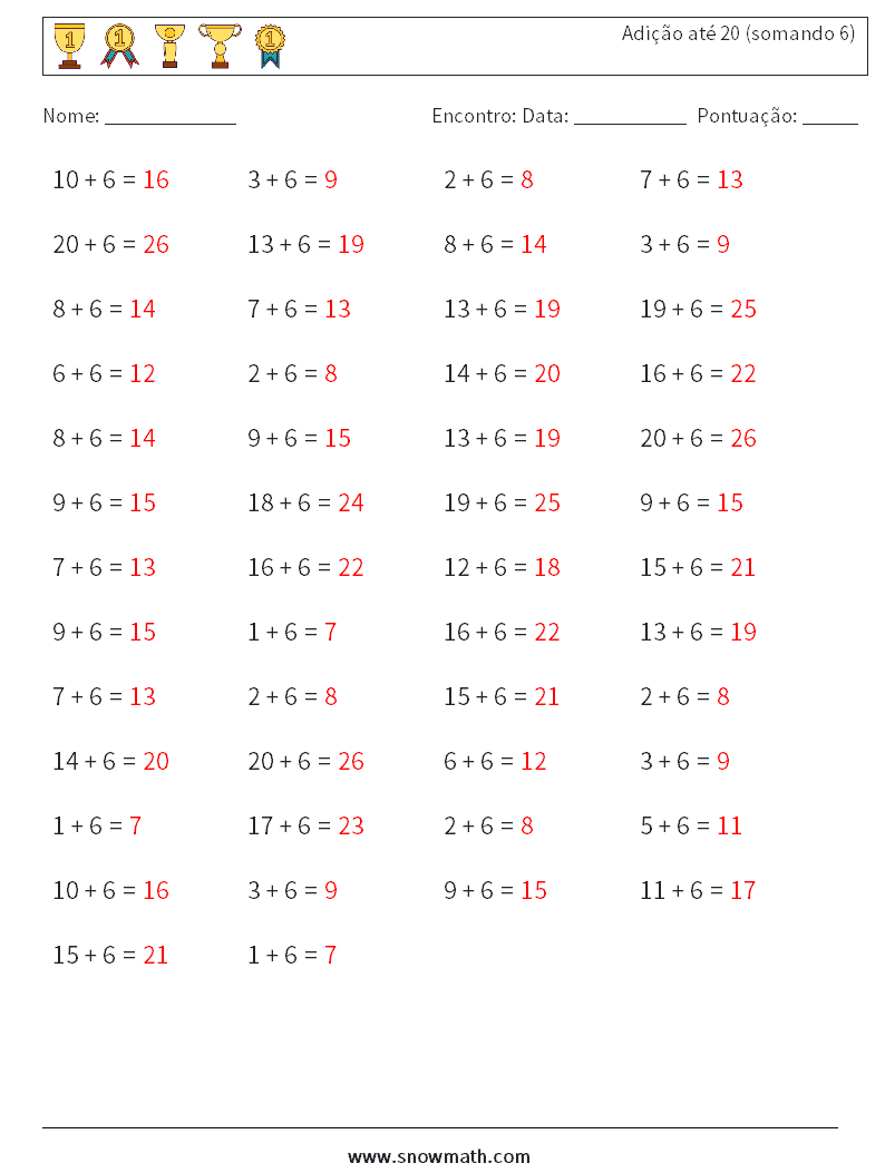 (50) Adição até 20 (somando 6) planilhas matemáticas 4 Pergunta, Resposta