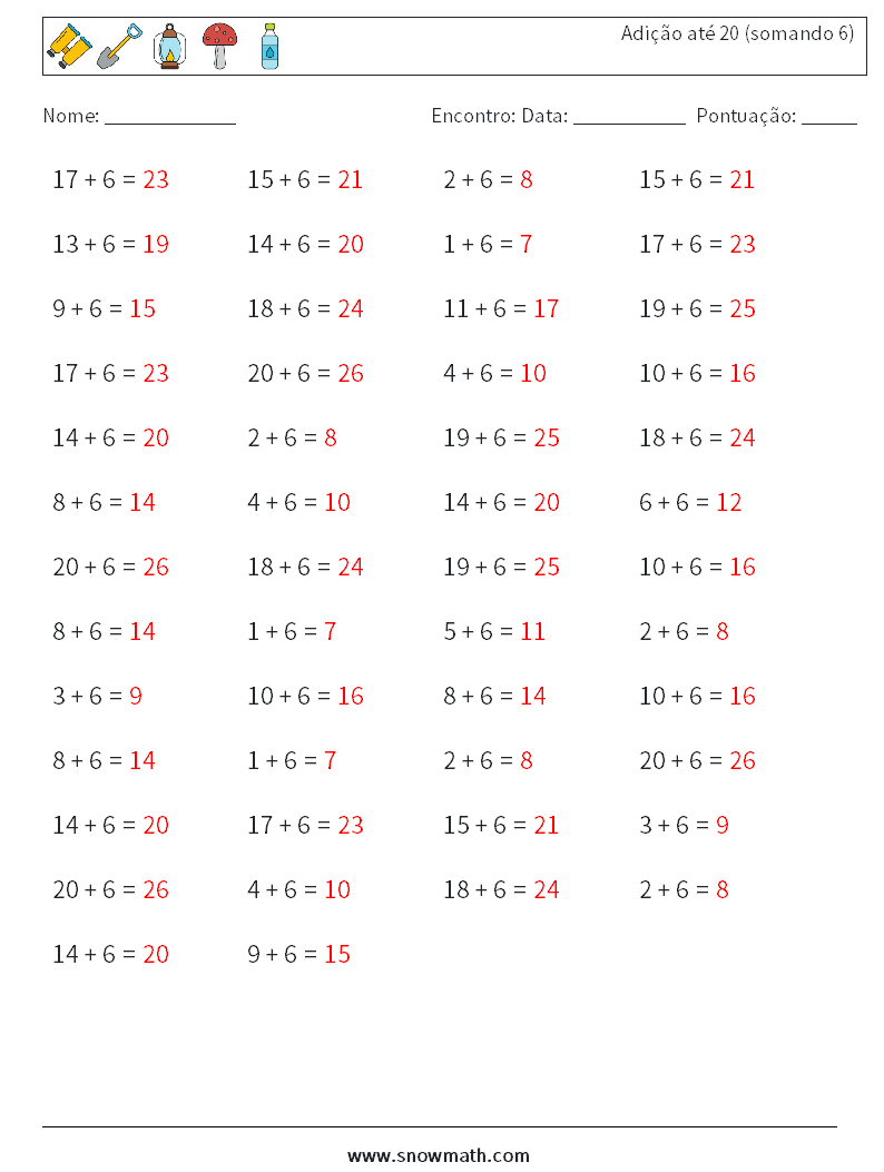 (50) Adição até 20 (somando 6) planilhas matemáticas 6 Pergunta, Resposta