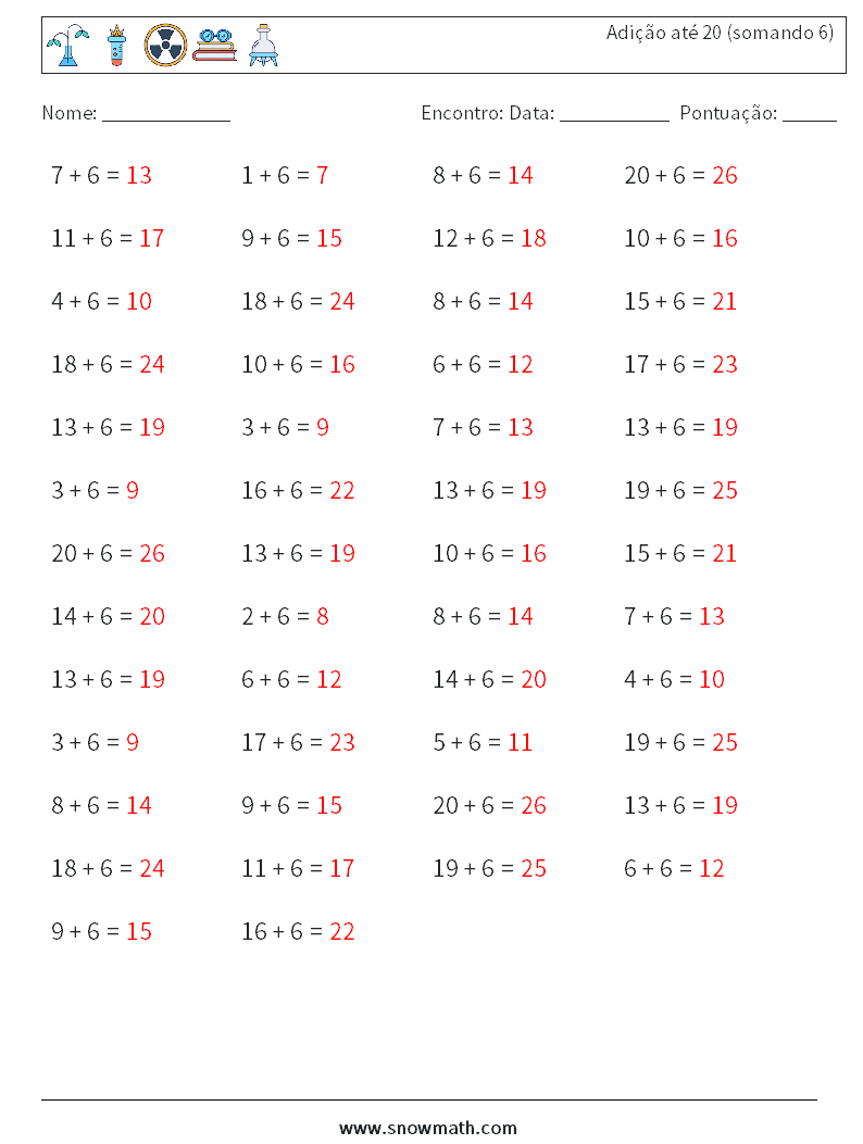 (50) Adição até 20 (somando 6) planilhas matemáticas 7 Pergunta, Resposta