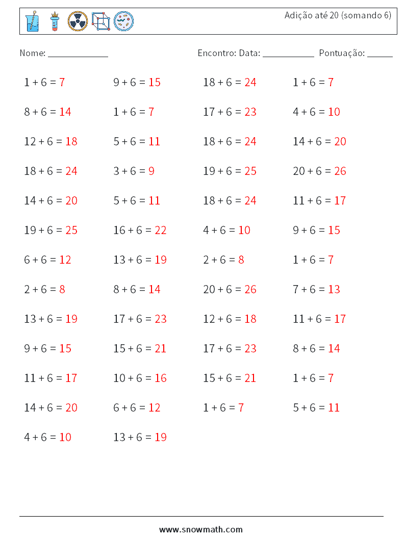 (50) Adição até 20 (somando 6) planilhas matemáticas 8 Pergunta, Resposta