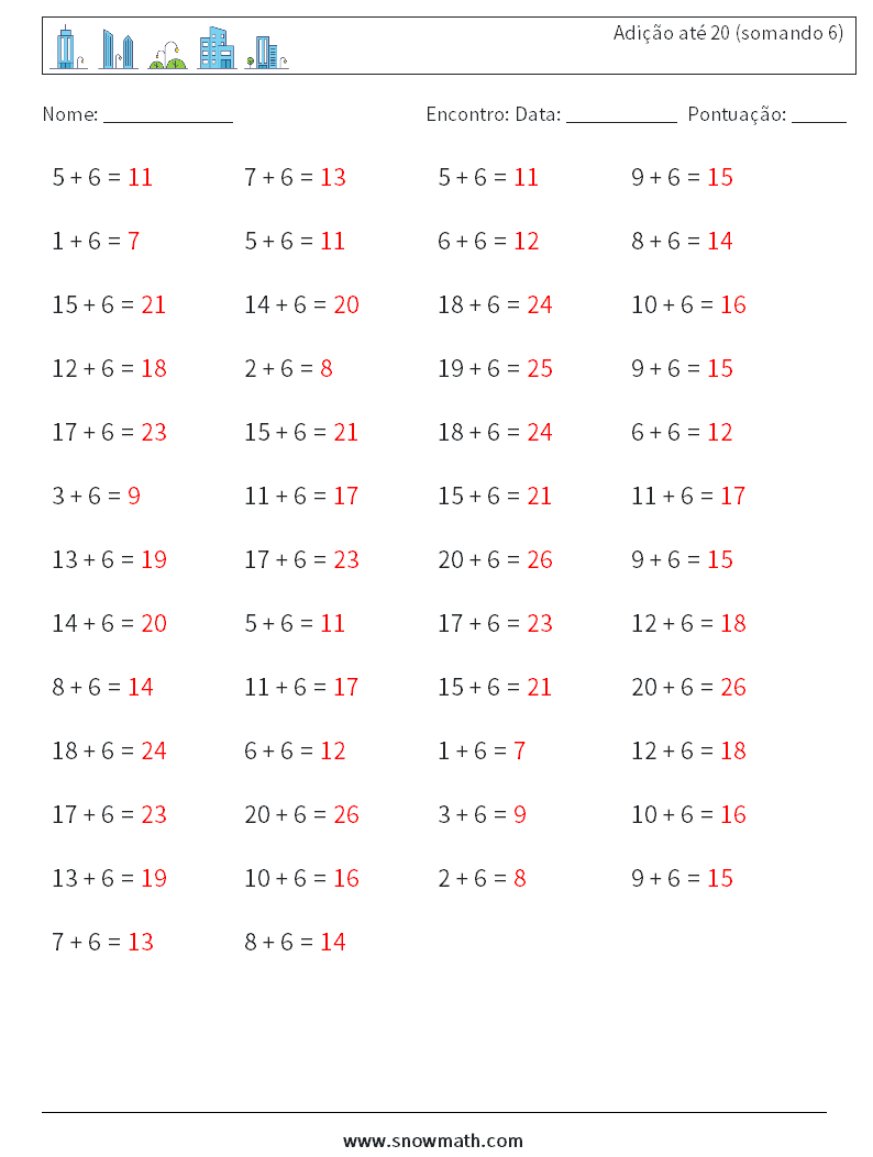 (50) Adição até 20 (somando 6) planilhas matemáticas 9 Pergunta, Resposta
