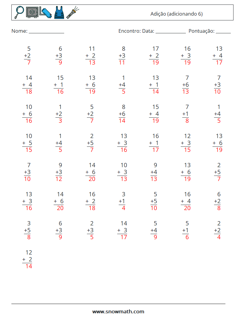 (50) Adição (adicionando 6) planilhas matemáticas 11 Pergunta, Resposta