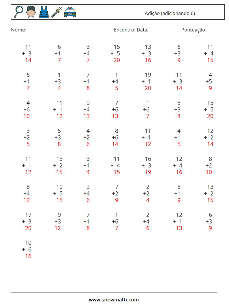 (50) Adição (adicionando 6) planilhas matemáticas 14 Pergunta, Resposta