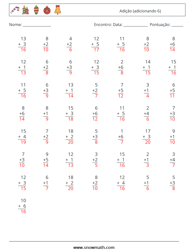 (50) Adição (adicionando 6) planilhas matemáticas 15 Pergunta, Resposta