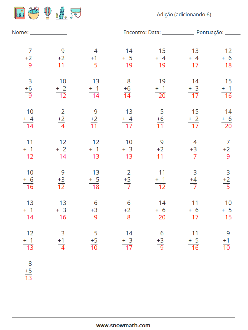 (50) Adição (adicionando 6) planilhas matemáticas 16 Pergunta, Resposta