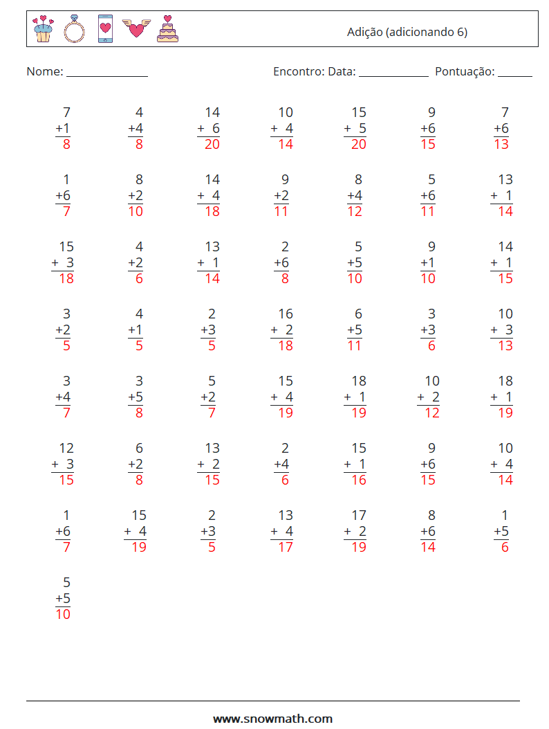 (50) Adição (adicionando 6) planilhas matemáticas 17 Pergunta, Resposta